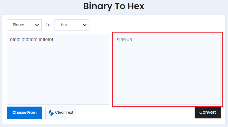 result binary to hex