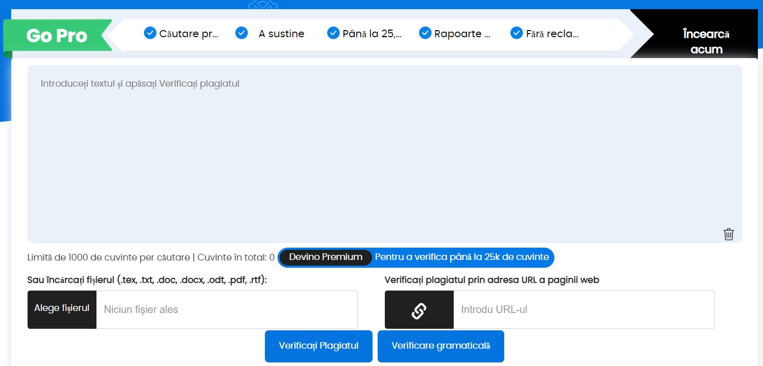 Zona de text a verificatorului de plagiat